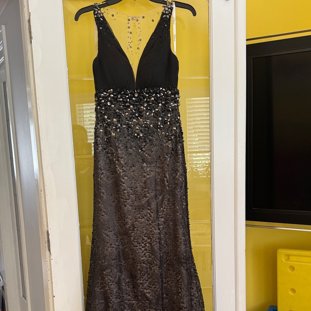 Tony Bowls Elegant Black Formal Gown with Black Embellishments
